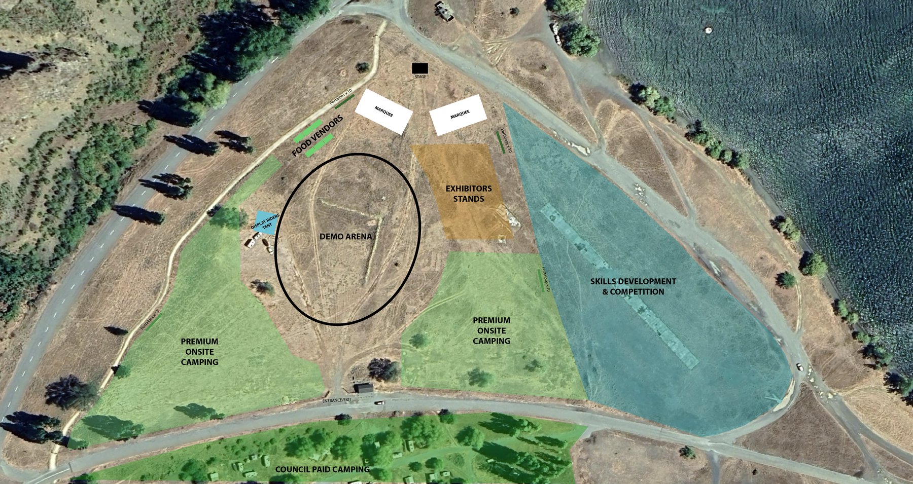 Site map of the Muster ground at Loch Laird — premium onsite camping, demo arena, exhibitor stands, food vendors, stage, and the skills development and competition area along the water